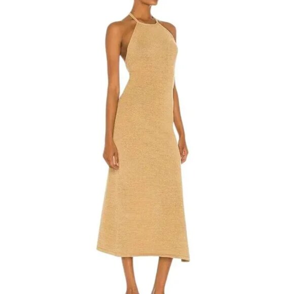 cult gaia Dresses & Skirts - Cult Gaia Karina Halter Knit Midi Dress Wicker Tan Slit Open Back